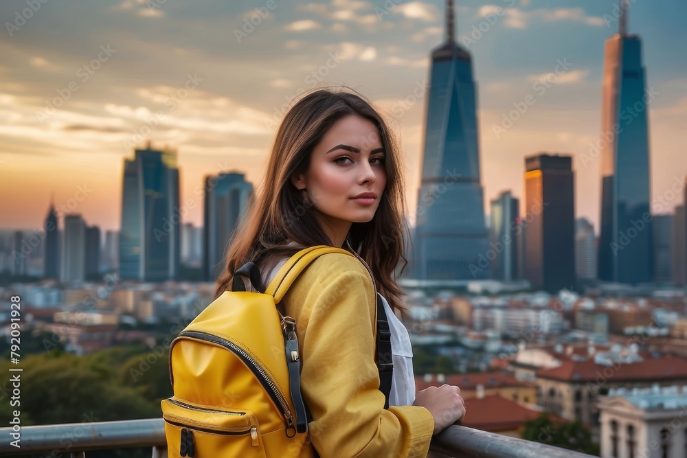Fototapeta premium Tourist girl with yellow backpack, back view, background amazing stunning landscape, travel concept, hiking, hiking.
