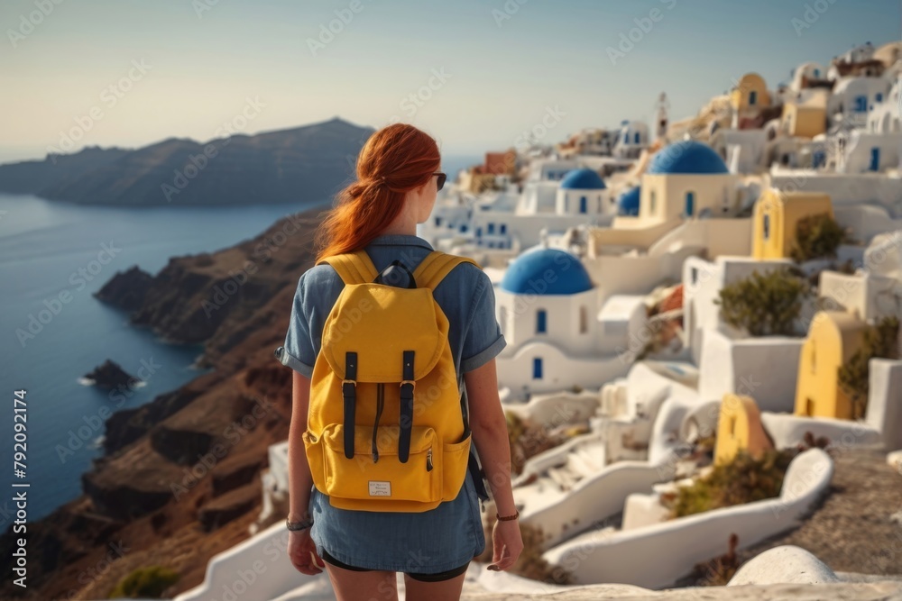 Obraz premium Red haired tourist girl with yellow backpack, back view, background amazing stunning landscape, travel concept, hiking, hiking.