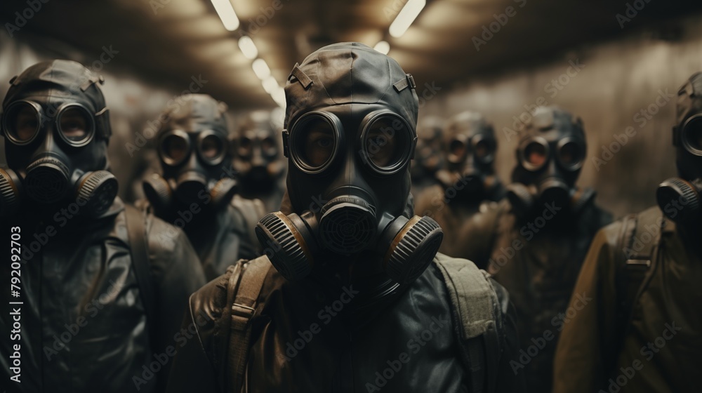 a Group of People Wearing Gas Masks in an Industrial Factory. a Group of People Wearing Gas Masks in an Industrial Factory.