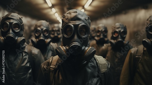a Group of People Wearing Gas Masks in an Industrial Factory.
