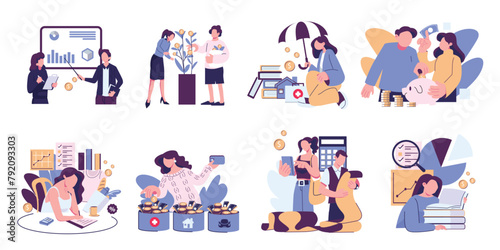 Financial literacy flat illustration set. Personal finance management, education, saving, budgeting, investing, managing expense. Flat graphic vector illustrations isolated on white background