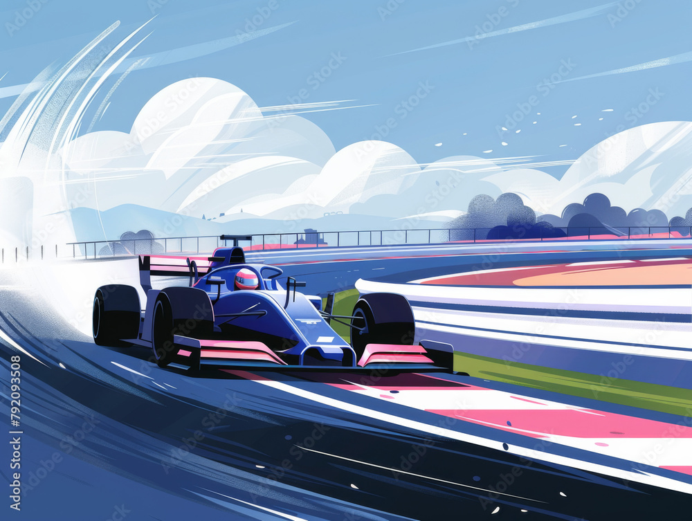 Illustration of a race car driver competing at a speedway, with motion blur emphasizing speed.
