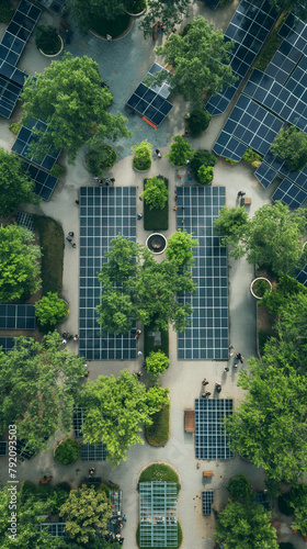 Aerial view of solar panels among trees in urban park, merging nature with clean energy