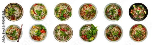 Assorted Vietnamese pho noodle soups with fresh herbs cut out png on transparent background photo