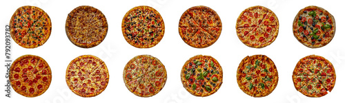 Assorted pizzas with various toppings cut out png on transparent background