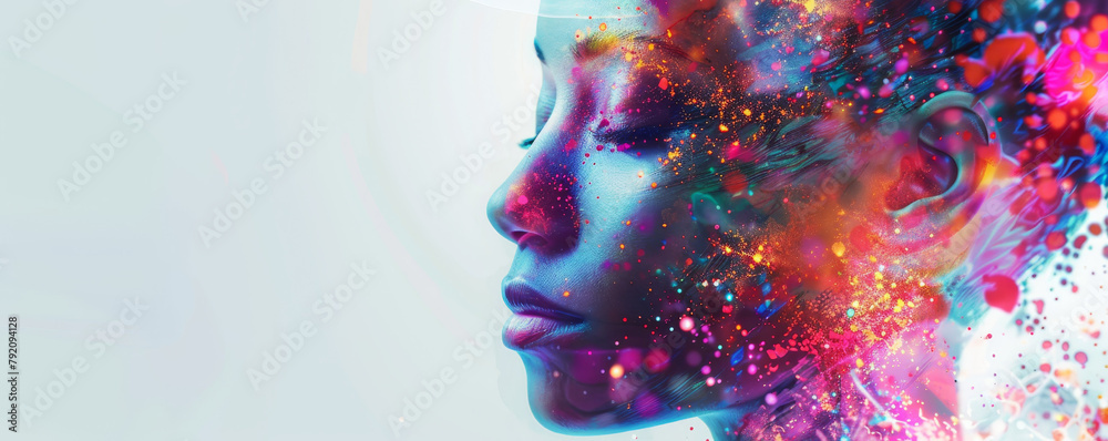 Portrait of a woman's face in profile with bright colorful particles.