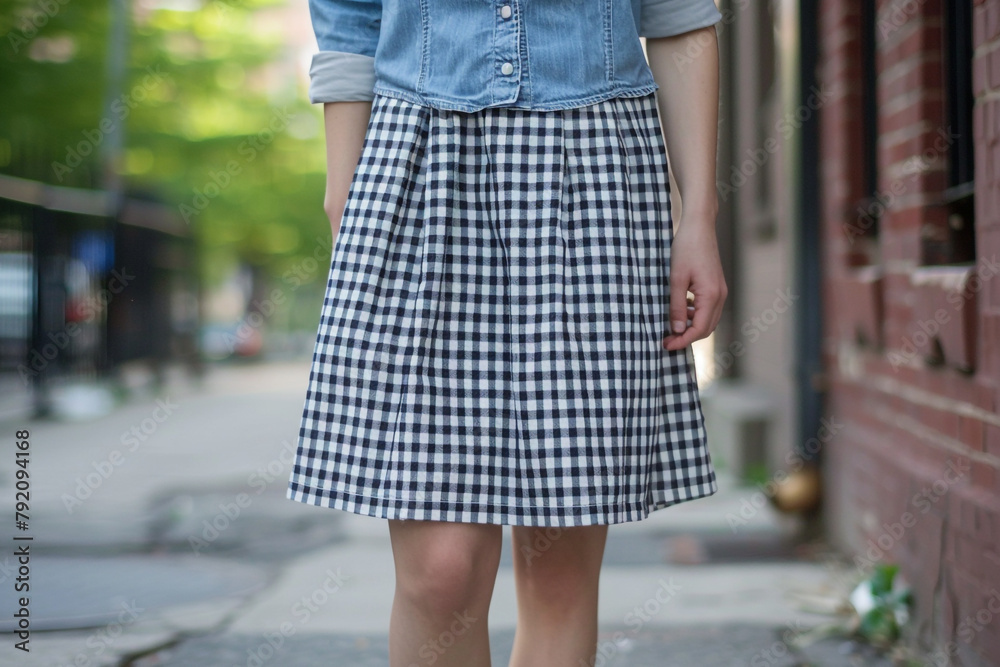 Gingham print skirt with a chambray shirt and ballet flats Gingham print skirt with a chambray shirt and ballet flats