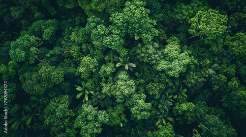 View from above  green forest trees in forest nature background. Aerial drone view.