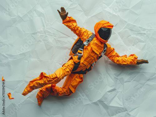 Origami figure of a skydiving instructor in free fall, with intricate folding details.