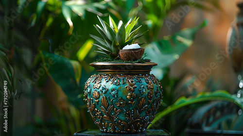 a beautifully crafted decorative pot with intricate designs and turquoise embellishments.