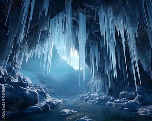 Winter landscape. Ice cave with blue icicles. 3d rendering