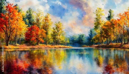 An artistic painting of autumn with trees and a lake in watercolor