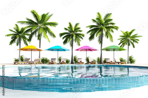 Inviting hotel pool with palm trees and colorful umbrellas  perfect for a relaxing summer day  isolated on solid white background.