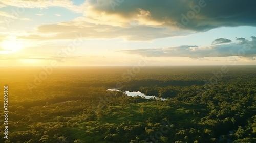 Beautiful green amazon forest landscape at sunset sunrise. Adventure explore air dron view vibe.