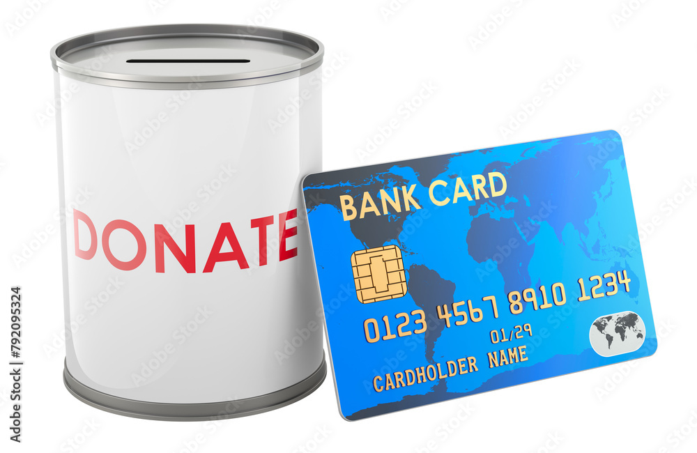 Donation can with credit card, 3D rendering isolated on transparent background Donation can with credit card, 3D rendering isolated on transparent background