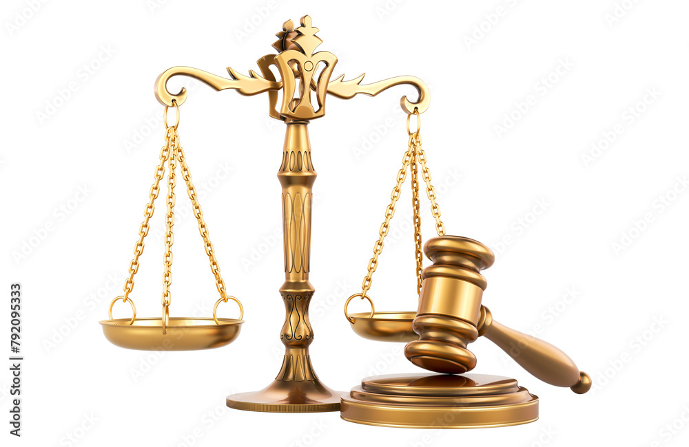Golden Wooden Gavel and Scales of Justice, 3D rendering isolated on transparent background Golden Wooden Gavel and Scales of Justice, 3D rendering isolated on transparent background