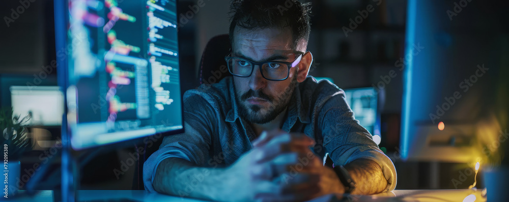 Software developer looking thoughtfully at lines of code on his computer screen. Software developer looking thoughtfully at lines of code on his computer screen.