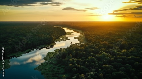 Beautiful green amazon forest landscape at sunset sunrise. Adventure explore air dron view vibe.