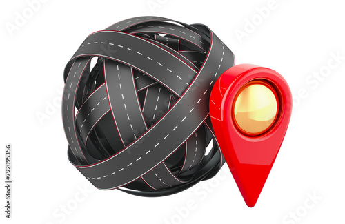 Roads knot with map pointer. 3D rendering isolated on transparent background