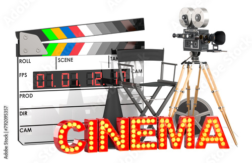 Movie camera, film reel, chair, megaphone and digital clapperboard with cinema signboard. Cinema concept, 3D rendering isolated on transparent background