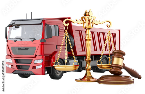 Tipper Truck with wooden gavel and scales of justice. 3D rendering isolated on transparent background