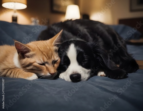 dog and a cat sleeping on a bed