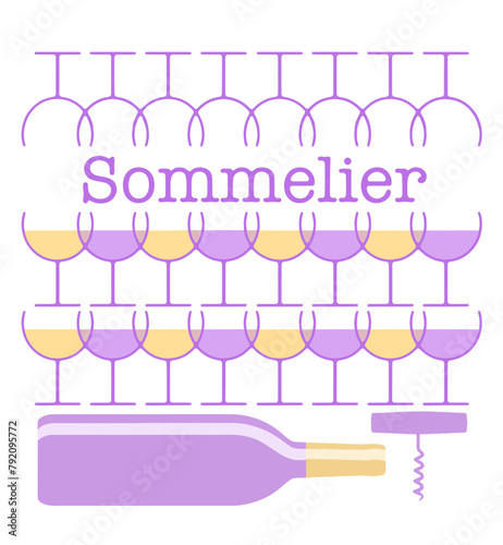 A sommelier, or wine steward and wine expert is the theme of this 3-d illustration. Wine glasses, stemware, bottle and corkscrew are seen with red and white wine in an abstract wine logo.
