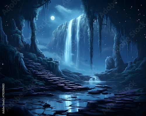 Fantasy waterfall in the forest at night. 3D illustration.
