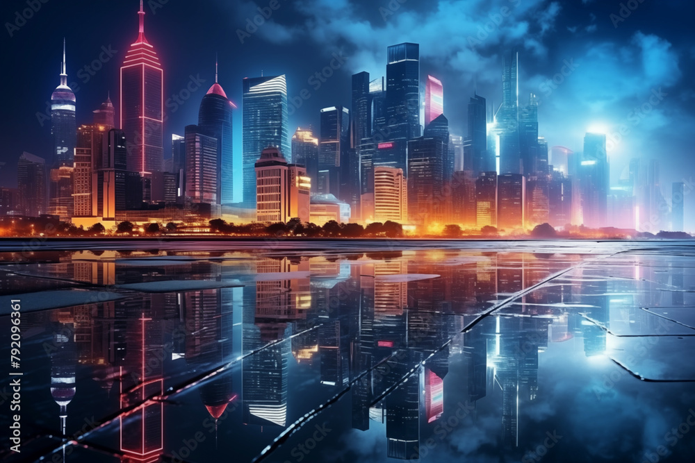 Glowing futuristic city skyline illuminated at night sci-fi illustration Glowing futuristic city skyline illuminated at night sci-fi illustration