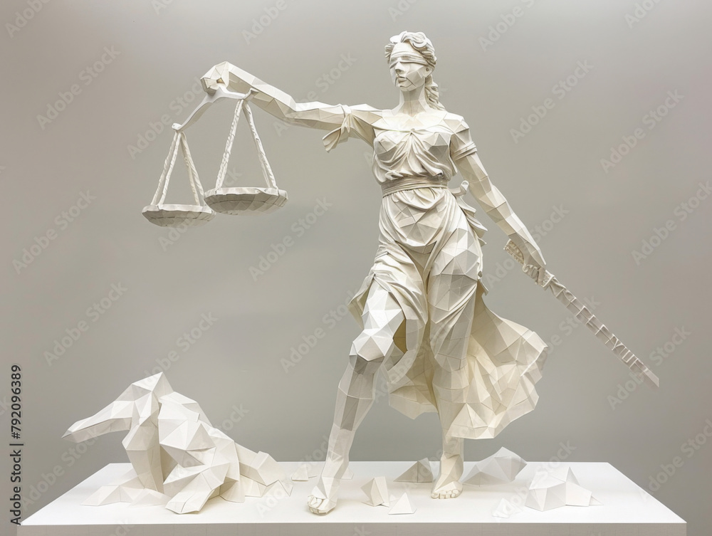An origami representation of Lady Justice on a white background, embodying the balance of law. - obrazy, fototapety, plakaty 
