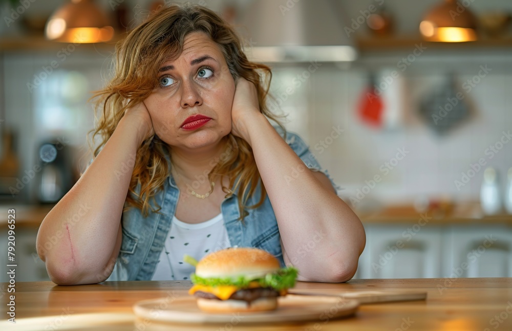 overweight woman sitting at the kitchen table with her head resting on it, looking sad and disappointed as she looks at a hamburger.