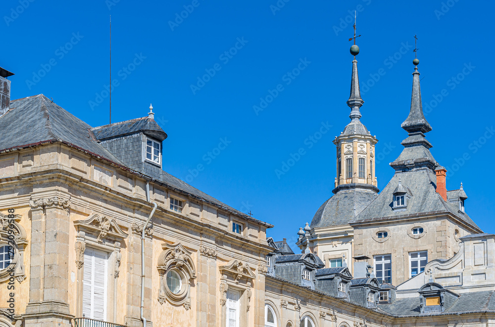 REAL SITIO DE SAN ILDEFONSO, SPAIN - OCTOBER 13, 2019: Detail of the Royal Palace of La Granja de San Ildefonso, an 18th-century palace in the small town of San Ildefonso, central Spain