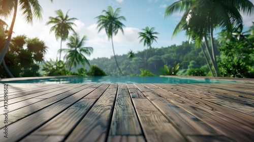 Empty Wooden Deck for Product Display Showcase Presentation - Swimming Pool and Tropical Palm Trees © Humam