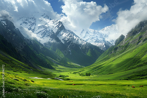 Lush green valley framed by majestic snow-capped peaks