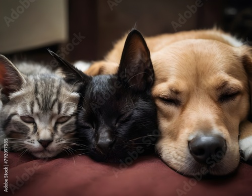 two cats and a dog sleeping together on a bed