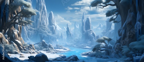 Fantasy winter landscape with frozen lake and pine trees. 3d illustration photo