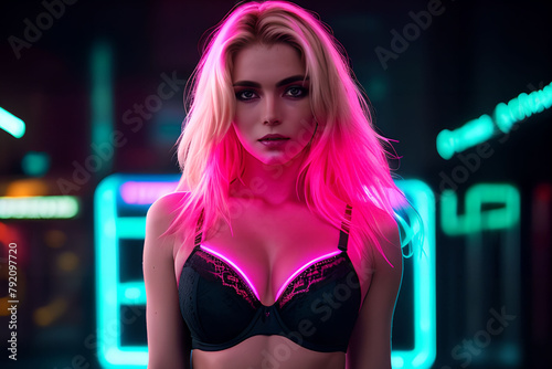 Exotic blond woman wearing light emitting lingerie in a club atmosphere lit by vibrant glow of neon lights.