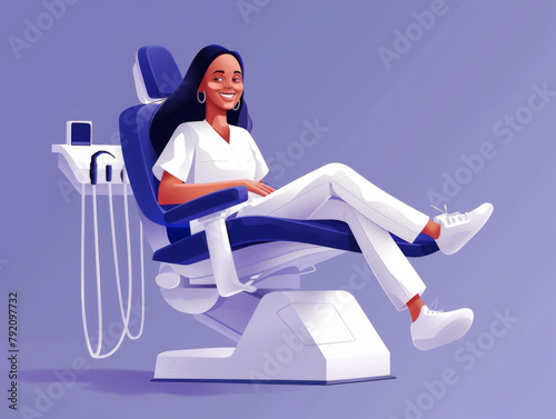 Vector illustration of a smiling dental hygienist sitting in a dentist chair isolated on a white background. photo