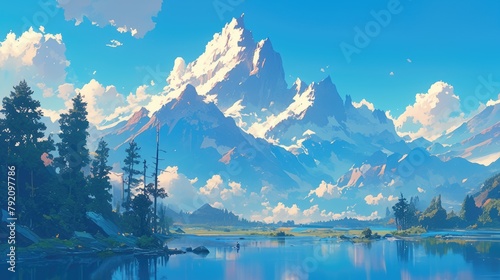 A serene morning mountain scene depicted in a stunning 2d image of a natural backdrop photo