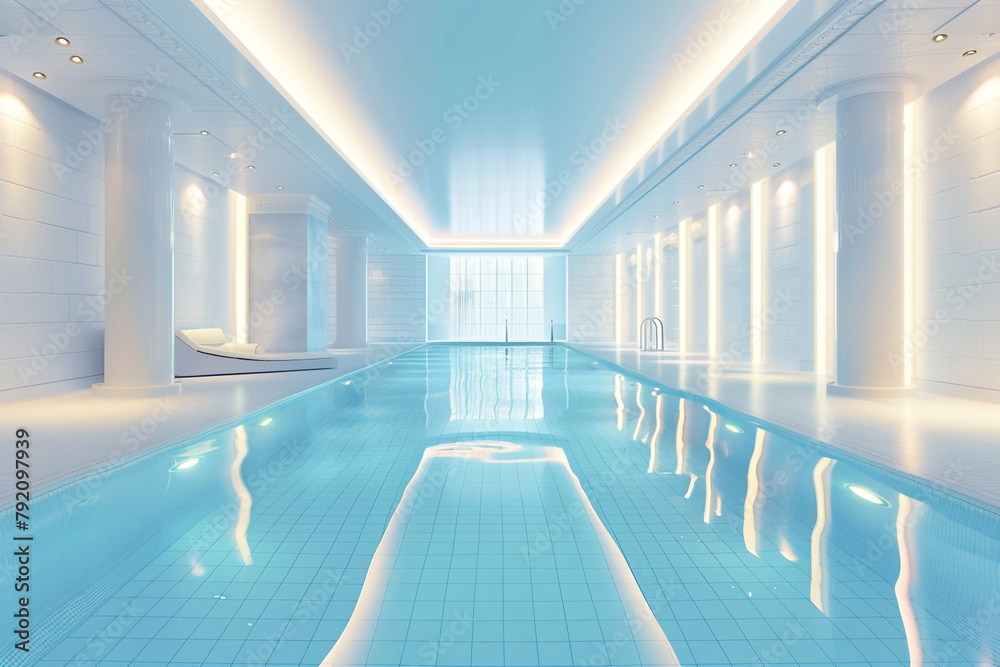 Luxurious indoor swimming pool with elegant lighting and a serene ambiance, isolated on solid white background.