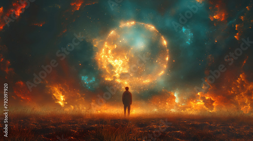 A Figure Stands Before A Cosmic Portal, The Horizon Engulfed In A Fiery Glow That Whispers Of Distant Worlds