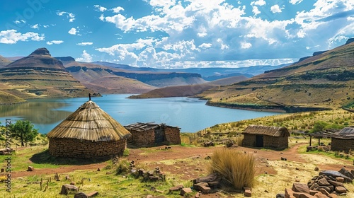 Lesotho traditional hut house homes in Lesotho village in Africa. Beautiful scenic landscape of village in daytime with typical huts built by villagers by the lake of Mohale Dam photo