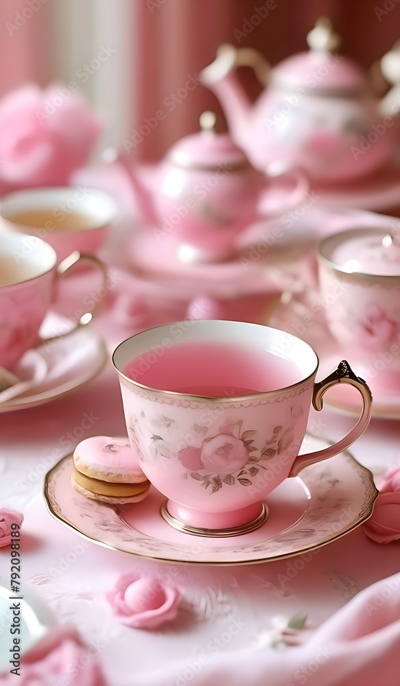 a lot of pink tea cups and saucers on a table