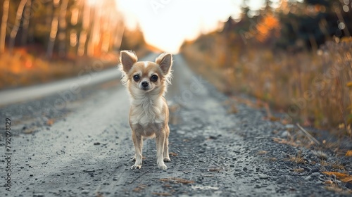 Low section of woman with lap chihuahua standing on road,Nova Scotia,Canada.