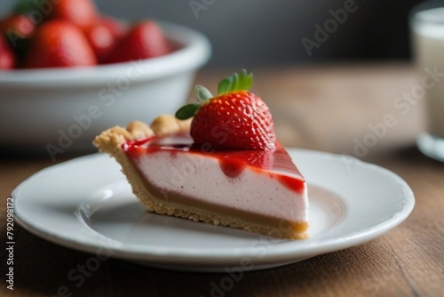 A piece of strawberry pie on a white plate on the table