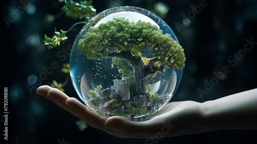 Earth crystal glass globe ball and tree in robot hand saving the environment, save a clean planet, ecology concept. technology science of environment concept for the development of sustainability. photo