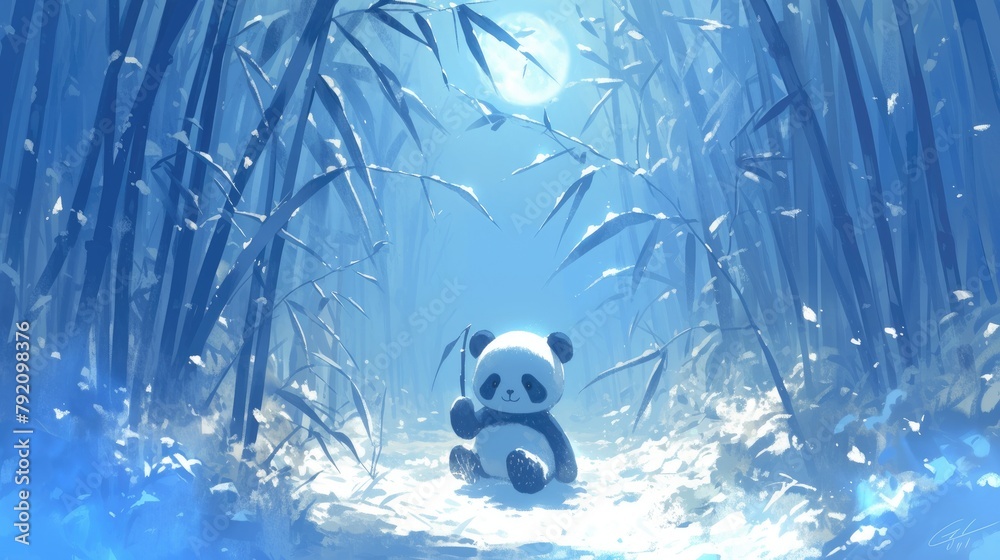 Fototapeta premium A scene of a panda surrounded by snow against a backdrop of bamboo