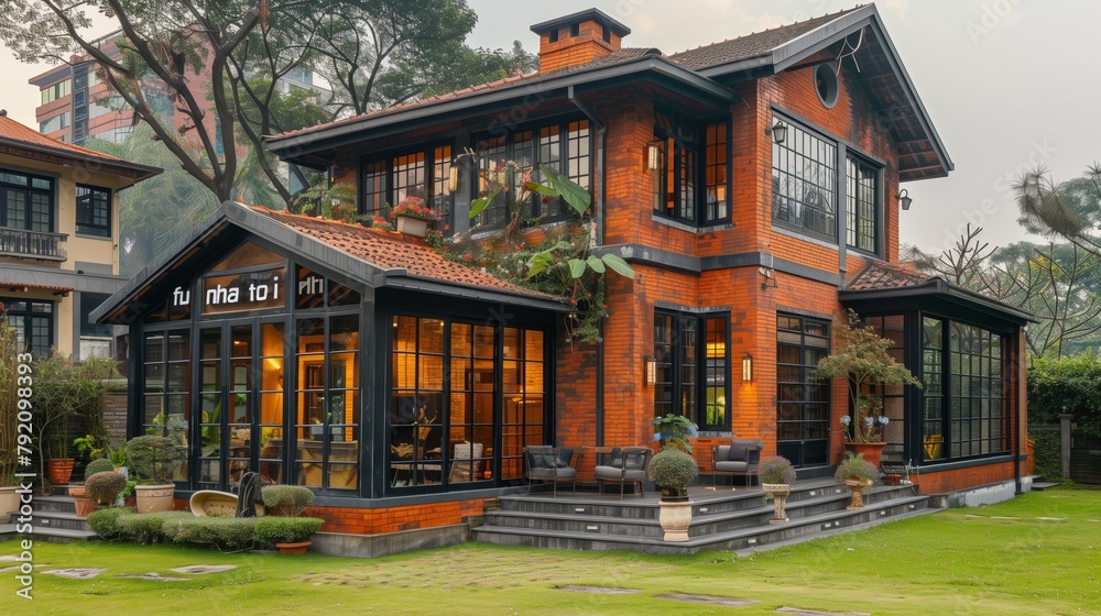 Obraz premium Architectural Photography: Modern Brick House with Green Lawn at Twilight, Luxury Home Exterior with Warm Lighting and Open Design.