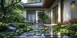 Landscape Architecture Photography: Rainy Zen Garden with Traditional Pavilion, Lush Rain-Kissed Garden Pathway Leading to Modern Asian-Inspired Retreat.