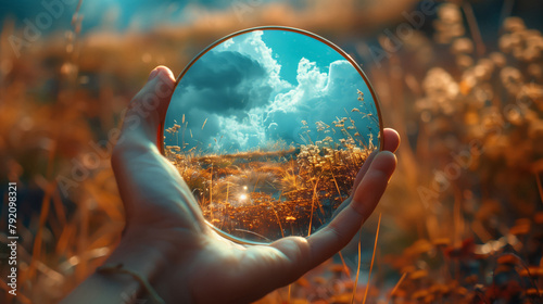 A Hand Holds A Glass Sphere Reflecting A Serene Sky And Lush Meadow On A Sunny Day photo